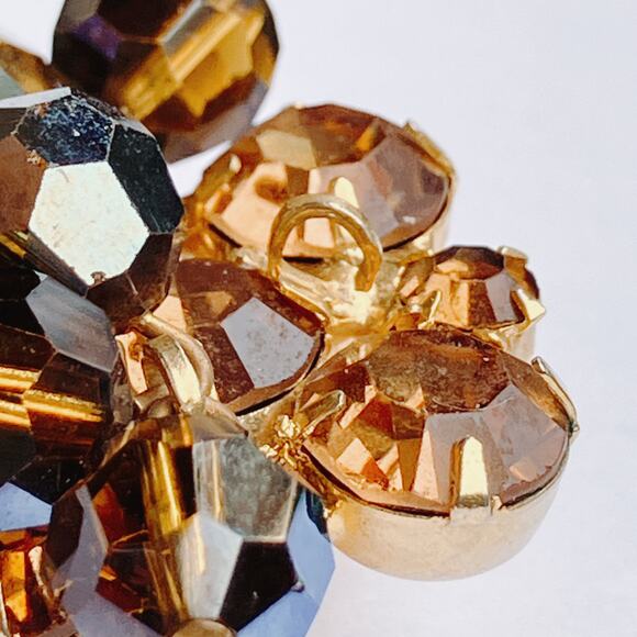 VTG Juliana Mid Century Cha Cha Brooch Earrings Set Gold Tone AB Beads Root Beer - Picture 12 of 14